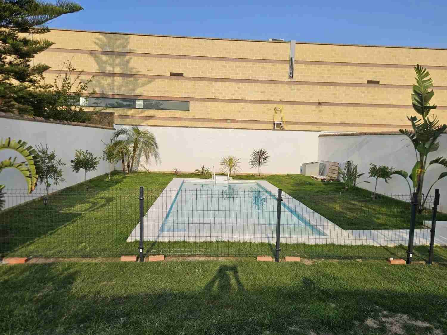 Pequeño patio trasero cercado, con una piscina rectangular, césped verde y muros beige bajo un cielo azul.