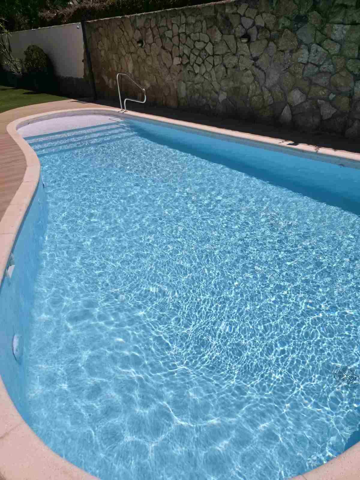 Piscina curva en el jardín trasero, con agua azul cristalina junto a un muro de piedra y el borde del patio