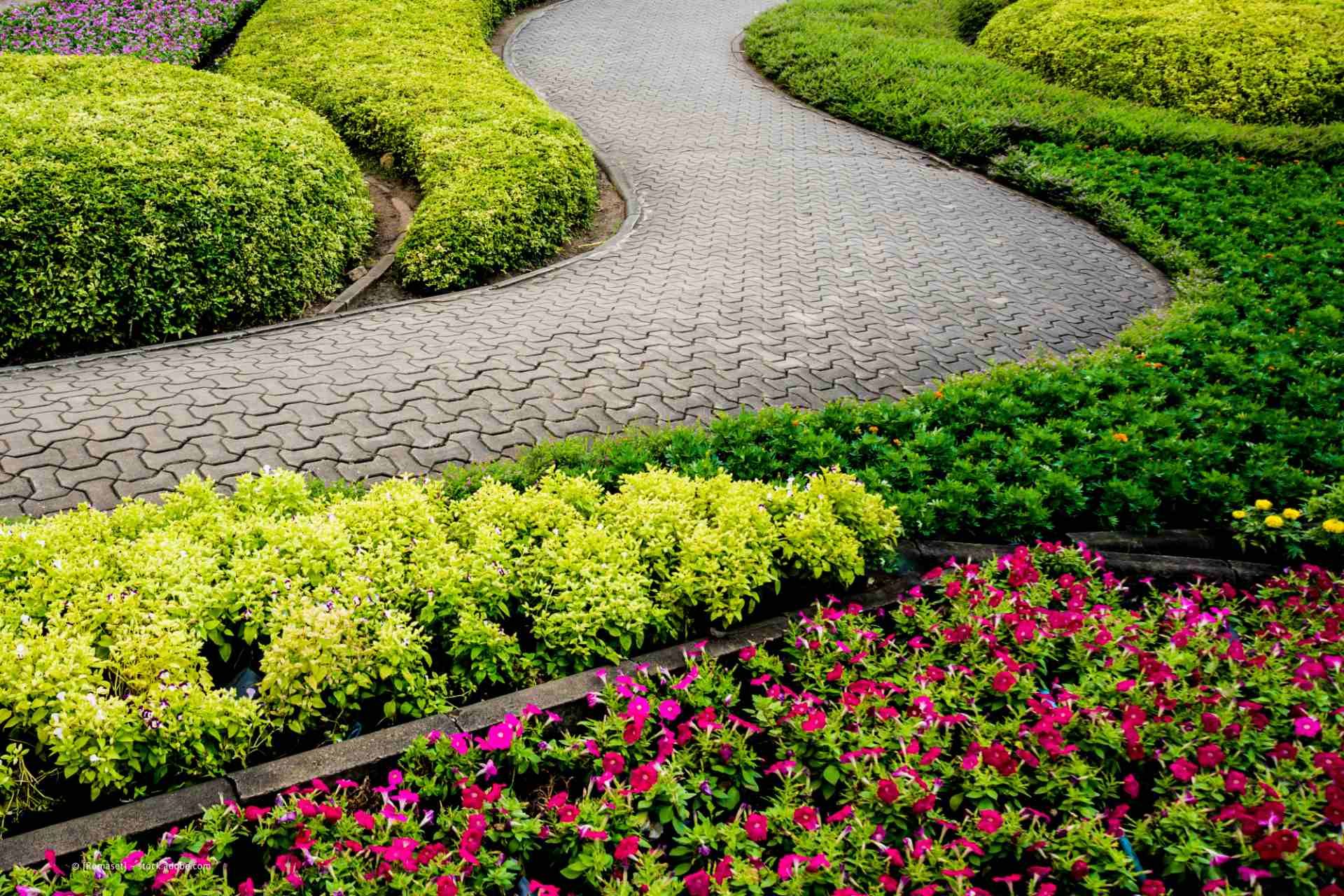 Garten- und Landschaftsbau M. Krusen – ein professioneller und sauberer Gartenweg mit Pflasterung, Zierpflanzen und geschnittenem Gras