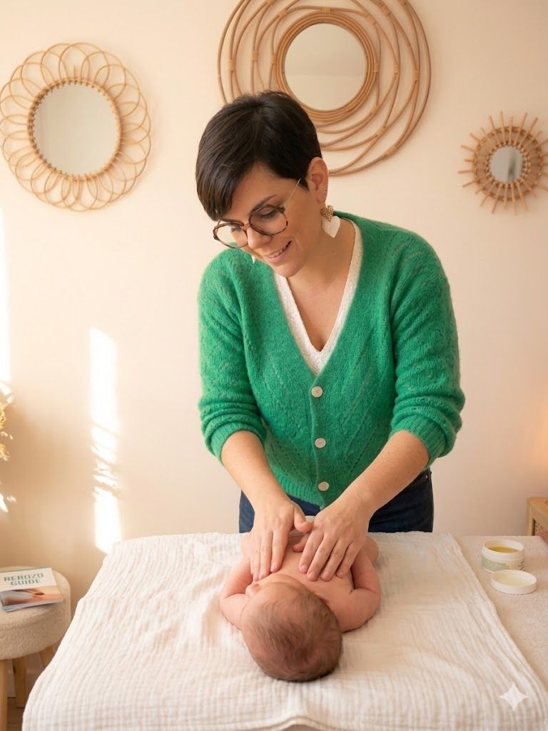 Une masseuse en cardigan vert prodigue un massage de la tête dans une salle de spa lumineuse