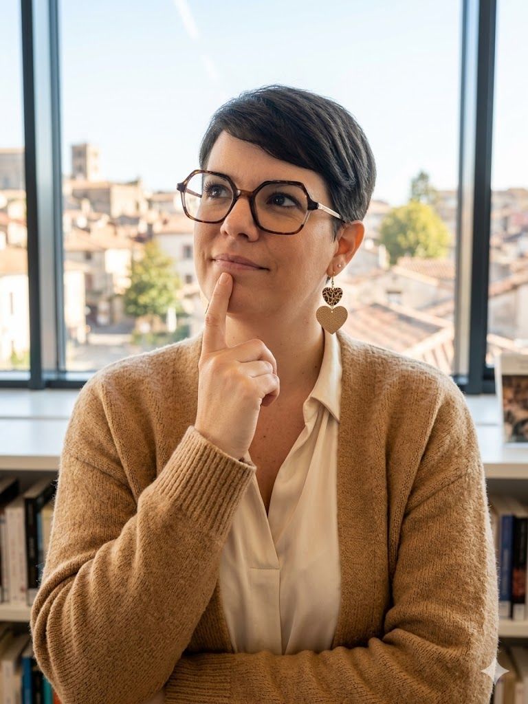 Une personne portant des lunettes et un pull beige réfléchit près d'une fenêtre donnant sur la ville.