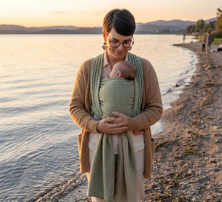 Une personne tenant un bébé endormi sur une plage au coucher du soleil, avec une eau calme et des collines au loin en arrière-plan.