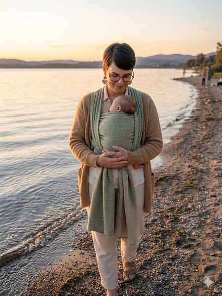 Une personne tenant un bébé en écharpe sur une plage de sable au coucher du soleil, avec une eau calme et des collines au loin.