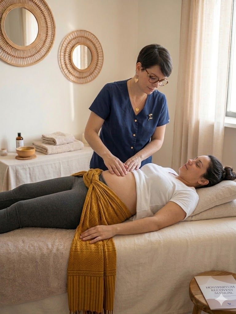 Une masseuse travaille sur un client allongé sur une table dans une salle de spa lumineuse.