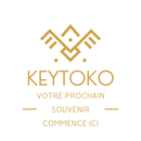 Logo for Keytoko, a travel brand with a geometric bird icon in gold. Text: "Votre Prochain Souvenir Commence Ici".