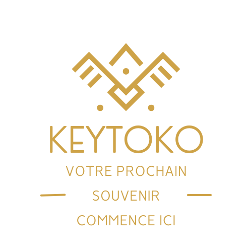 Logo for Keytoko, a travel brand with a geometric bird icon in gold. Text: "Votre Prochain Souvenir Commence Ici".