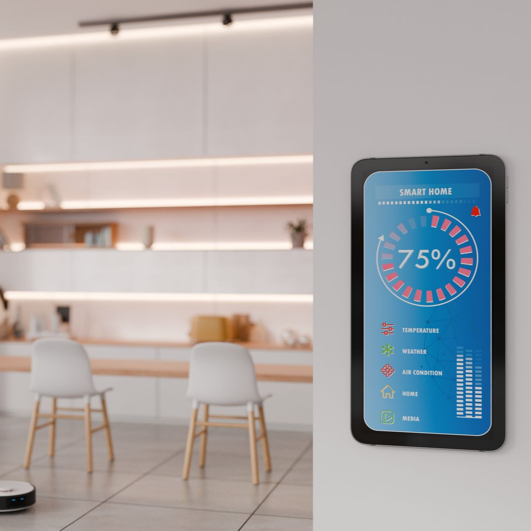 Cuisine moderne avec tabourets et étagères ; un affichage mural numérique indique une économie d'énergie de 75 % en bleu.