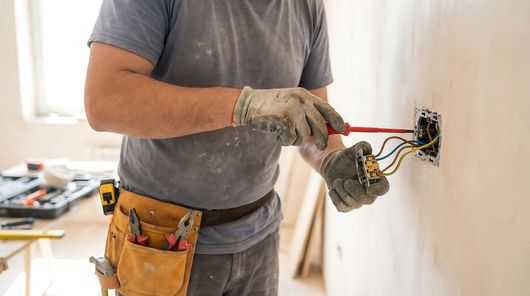 Un électricien effectue le câblage d'une boîte de prise murale avec des fils de couleur apparents.