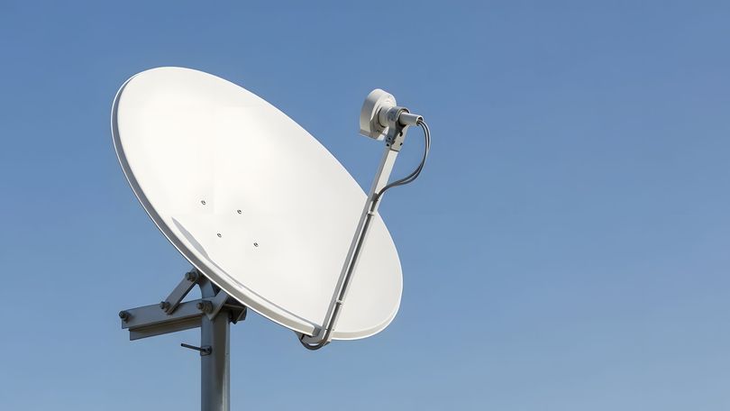 Antenne parabolique blanche sur fond de ciel bleu clair