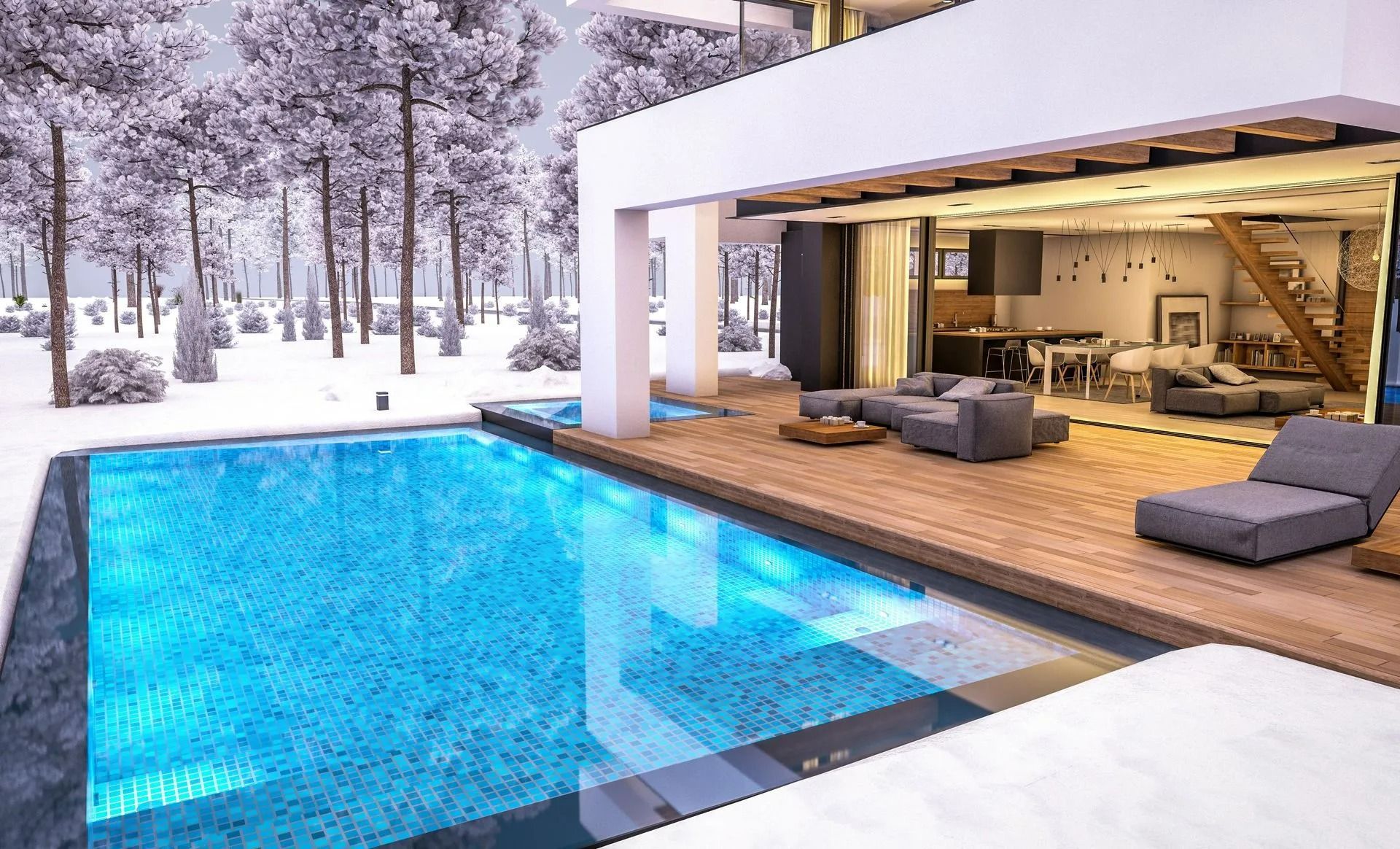 Villa moderne enneigée avec patio ouvert et piscine extérieure bleue