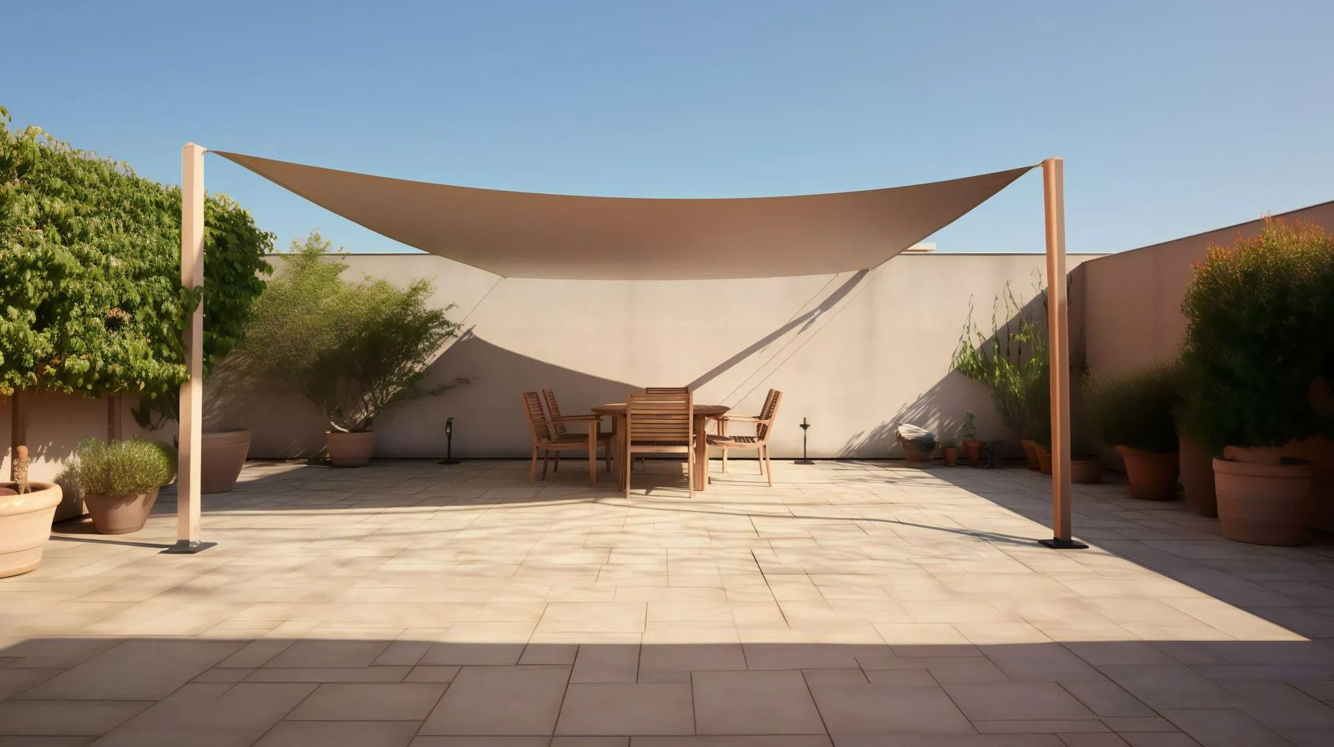 Terrasse carrelée ombragée par un auvent beige, table et chaises, et plantes en pot