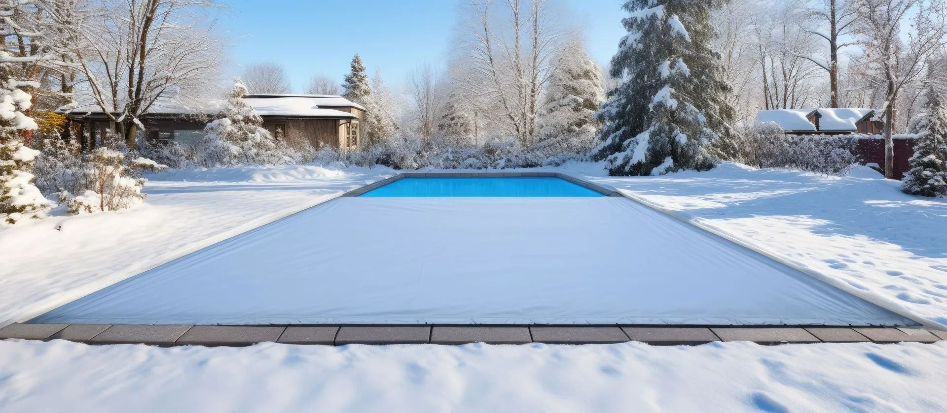 Cour enneigée avec une piscine rectangulaire couverte sous un ciel d'hiver lumineux