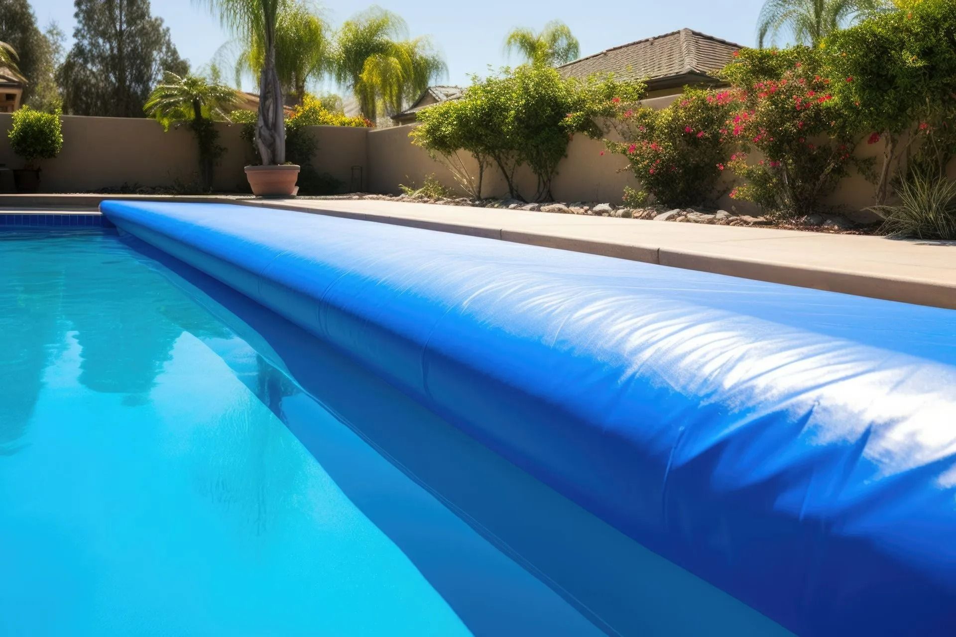 Piscine en partie couverte avec une bâche solaire bleue dans un jardin.