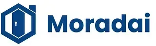 El logotipo de moradai es un hexágono azul con una puerta.