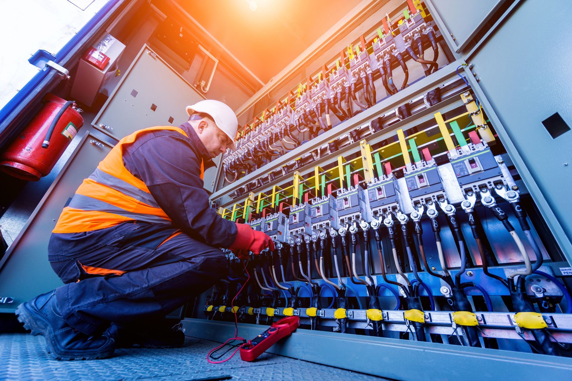 Un technicien en gilet orange intervient sur un tableau de commande électrique.