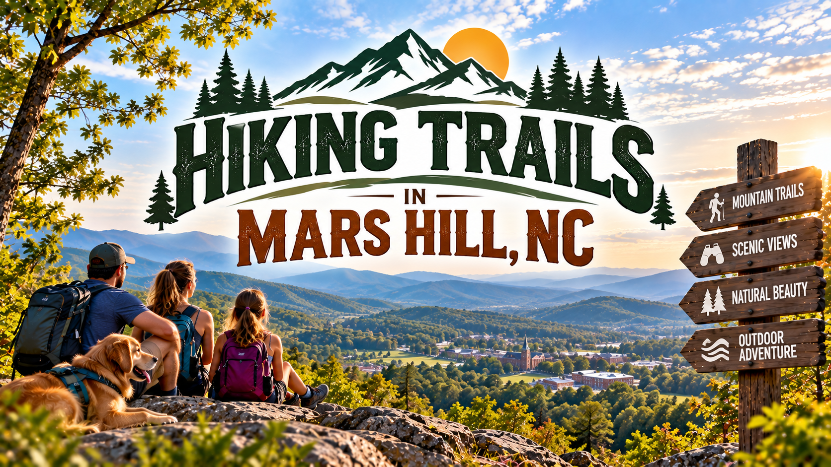 Hikers overlooking a mountain valley with text “Hiking Trails in Mars Hill, NC” and trail signs
