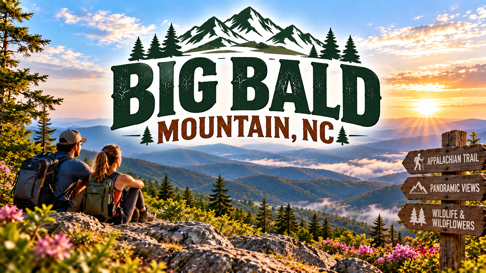 Big Bald Mountain, NC sign with hikers overlooking a colorful mountain sunset