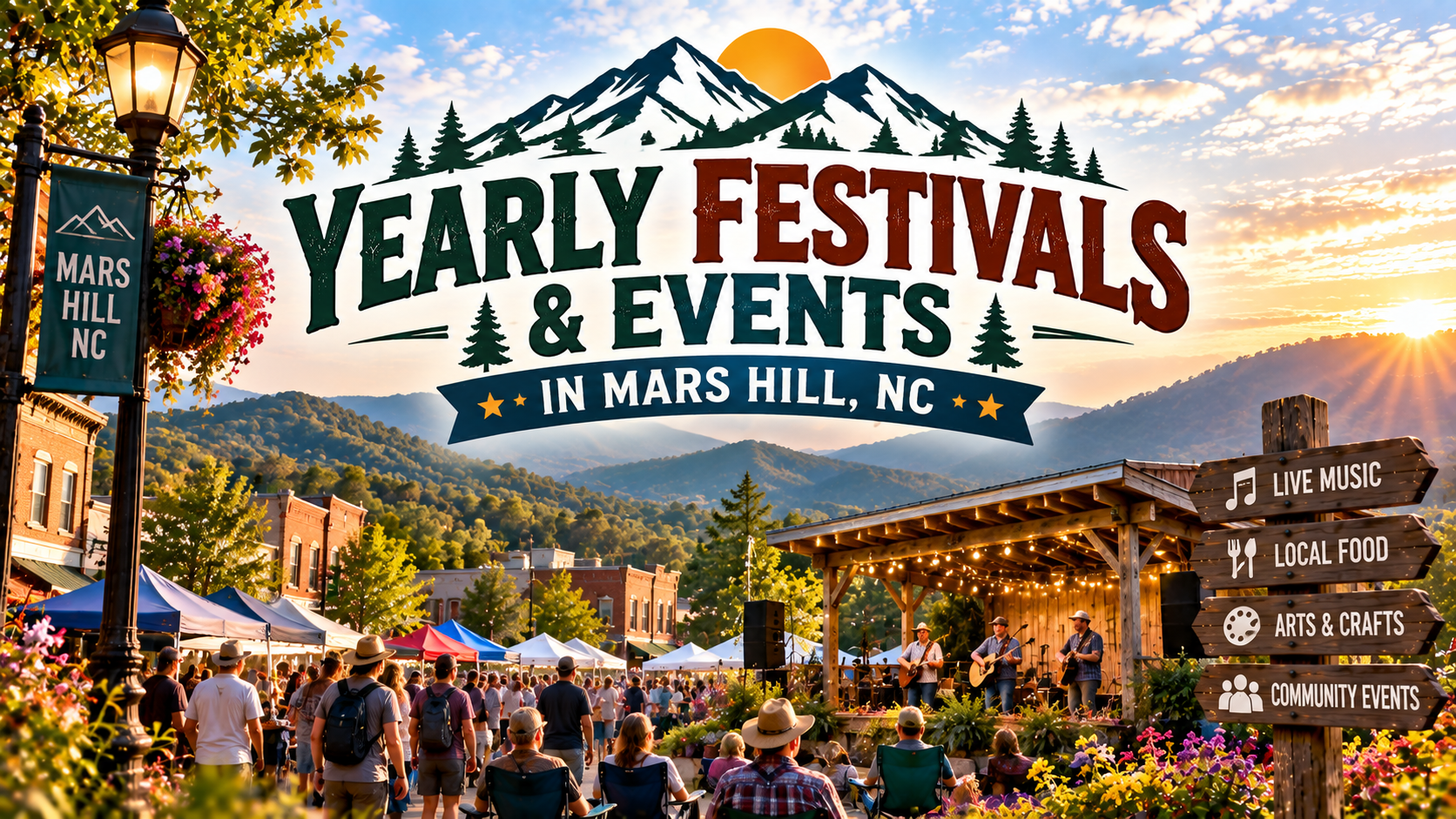 Yearly festivals and events in Mars Hill, NC, with mountain sunset and lively town scene