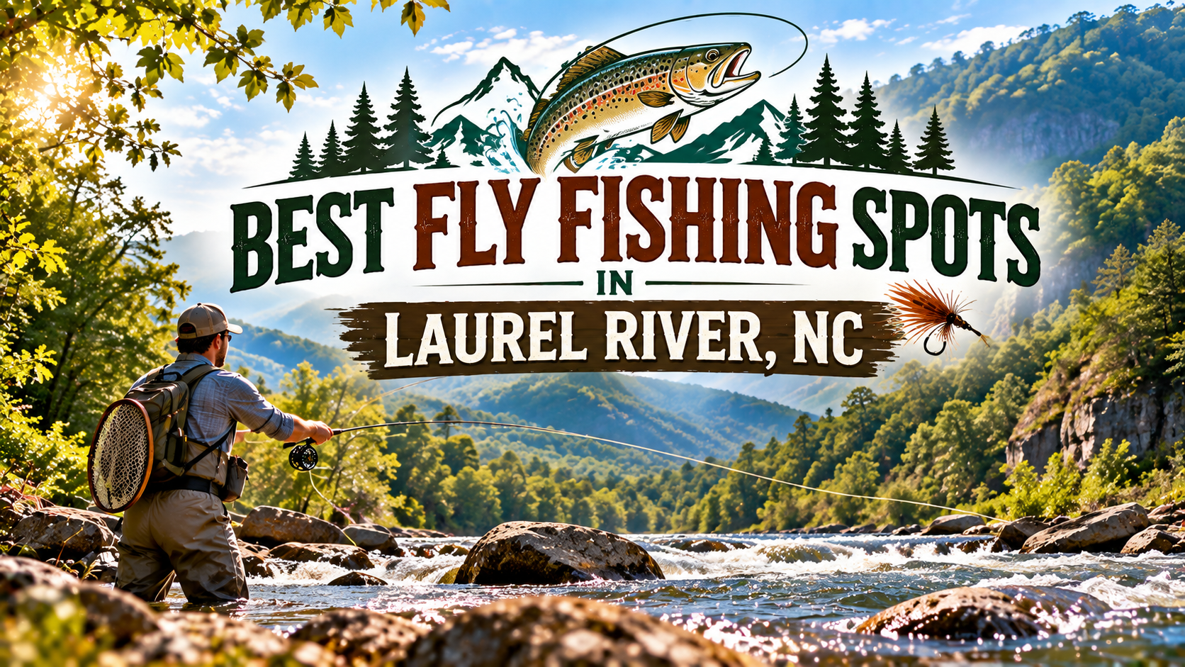 Fly angler by a river in autumn with text: “Best Fly Fishing Spots in Laurel River, NC”