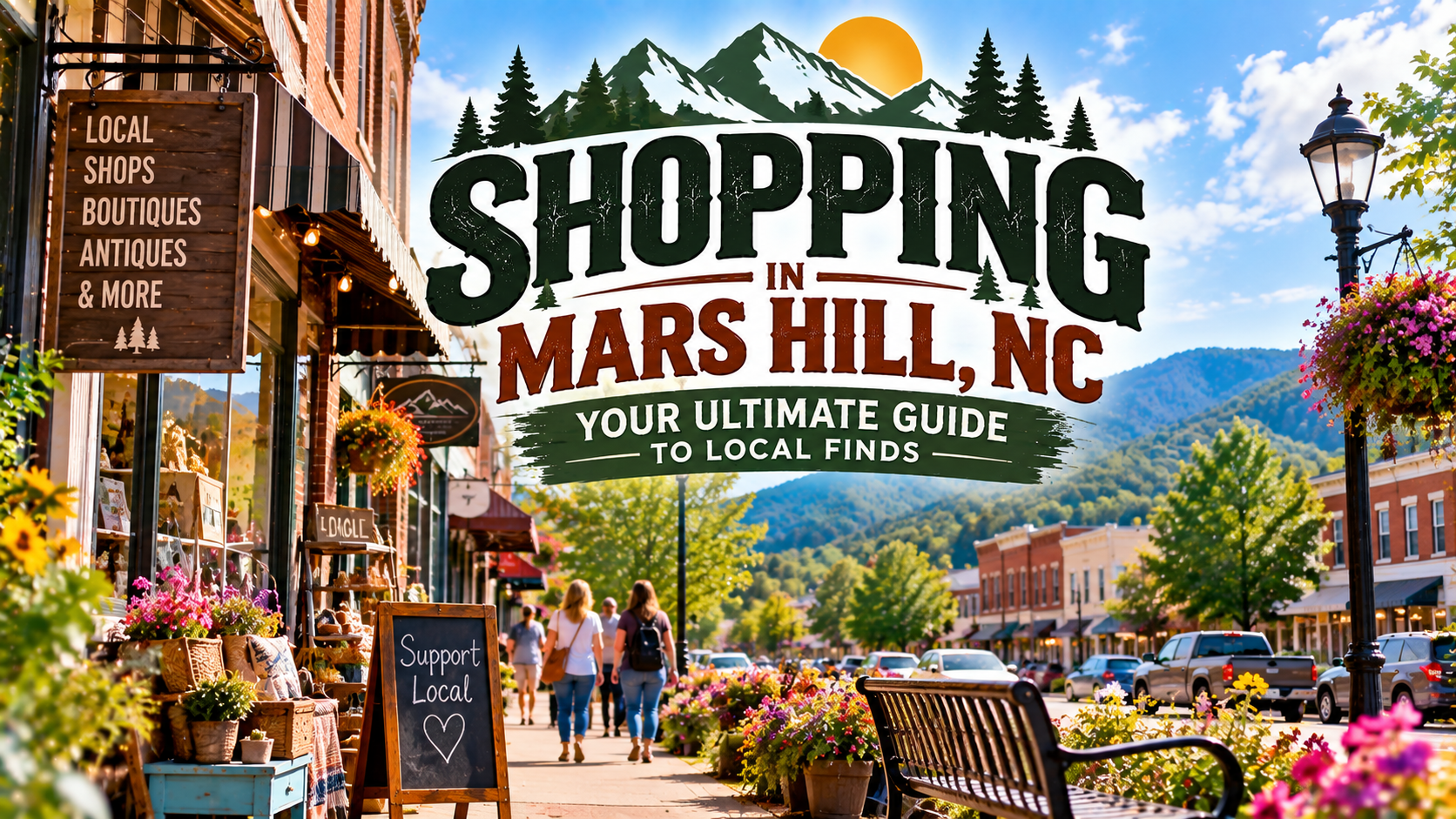Shopping district street scene with bold “Shopping Mars Hill, NC” sign and colorful storefronts under sunny skies