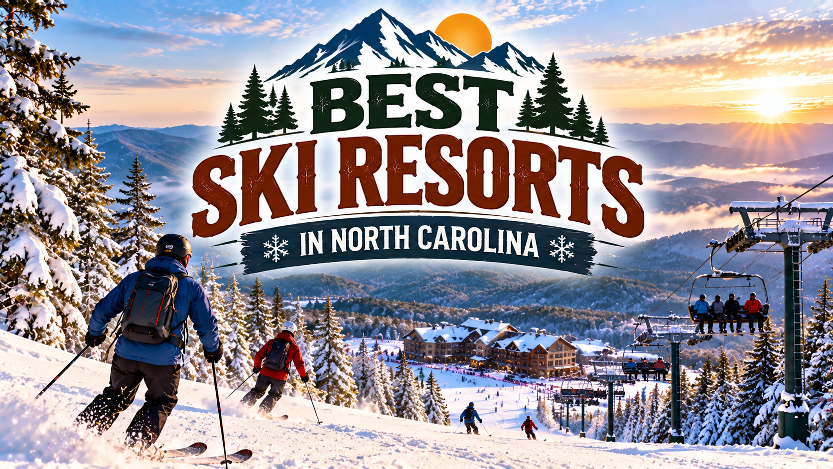 Skiers on a snowy mountain resort with sunrise and text “Best Ski Resorts in North Carolina”