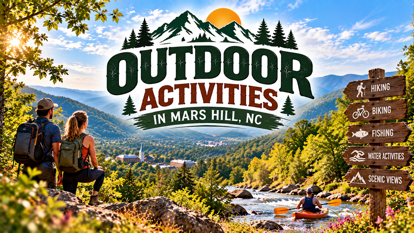 Outdoor Activities sign over a mountain river scene with hikers, pine trees, and autumn leaves in Mars Hill, NC