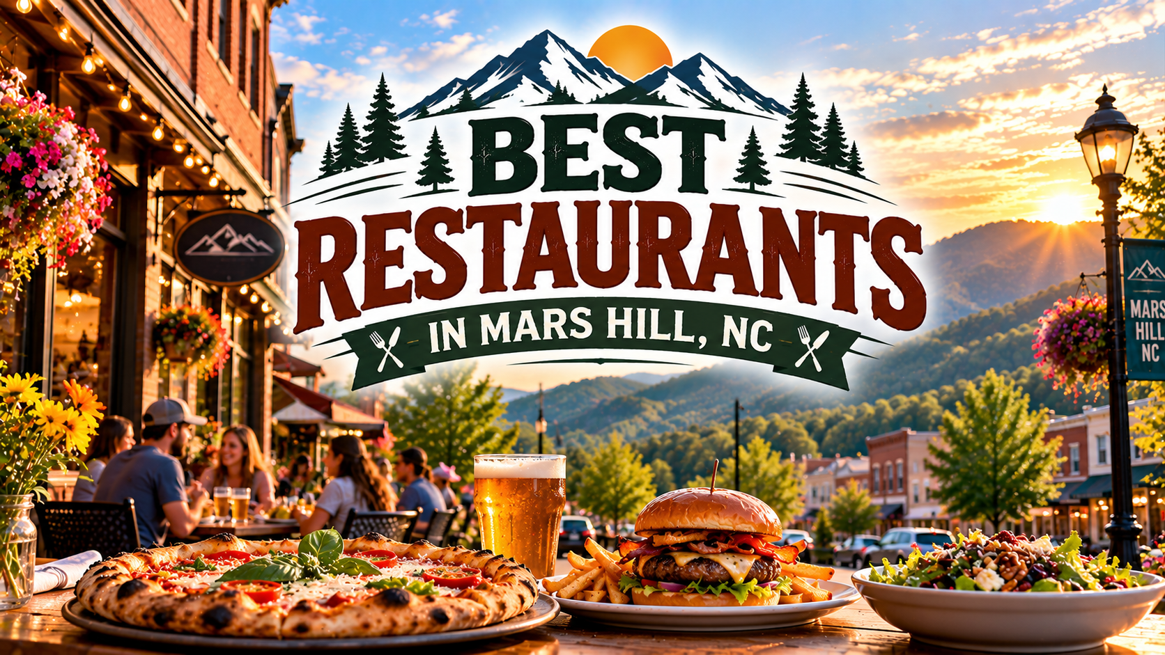 Best restaurants in Mars Hill, NC poster with mountain town sunset and plated food tables