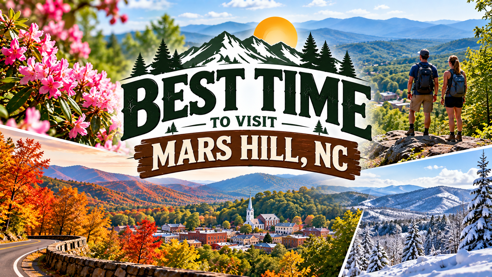 Collage promoting Mars Hill, NC with scenic mountains, fall colors, hikers, and a welcome sign