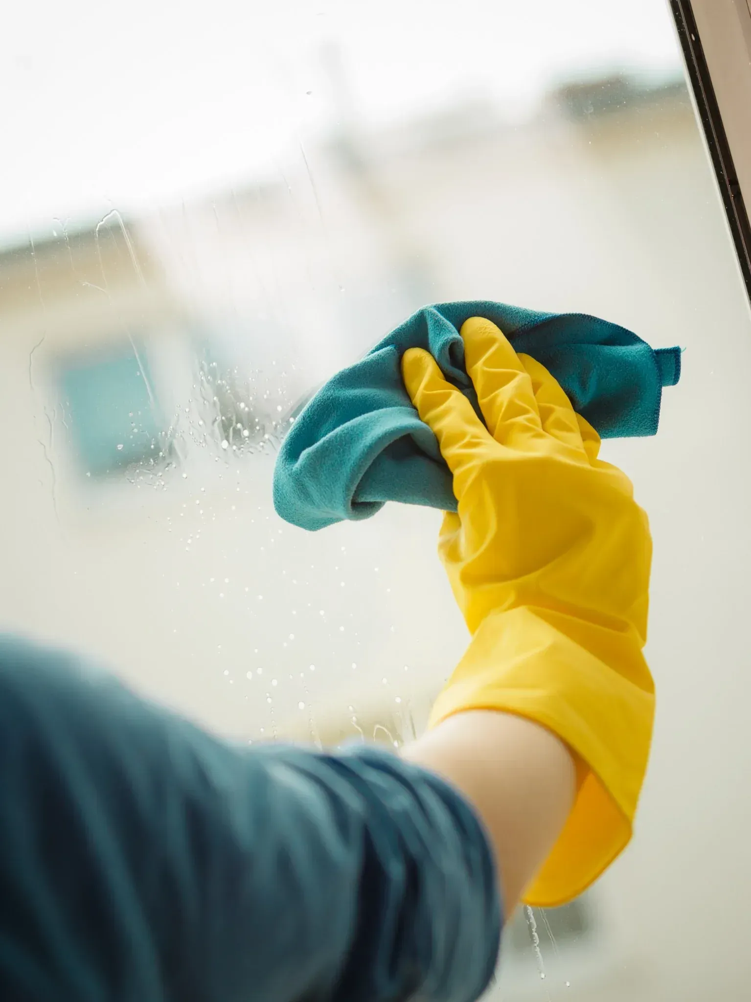 Persona que lleva un guante amarillo, limpiando una ventana con un paño verde azulado.