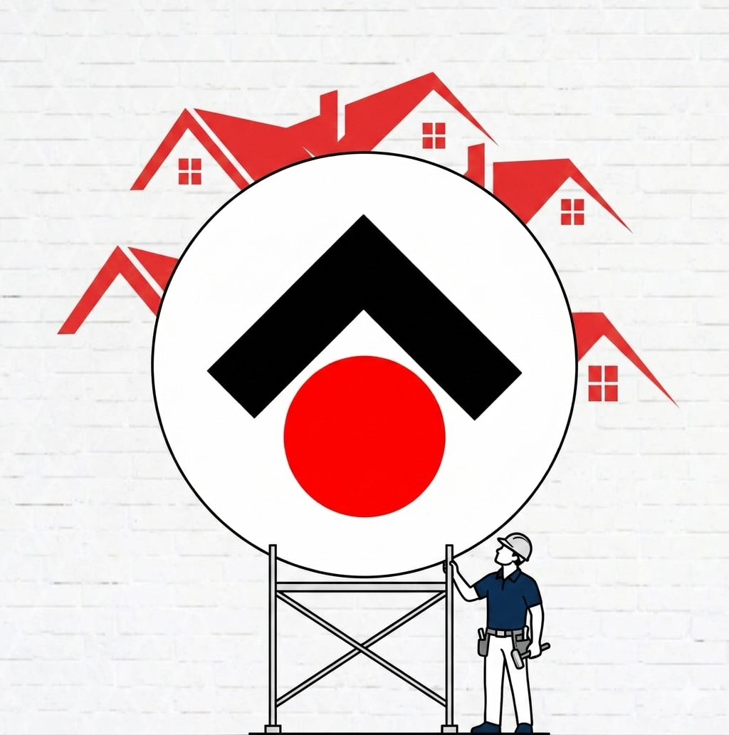 Logotipo con casas rojas alrededor de un letrero circular y un trabajador inspeccionándolo en un andamio.