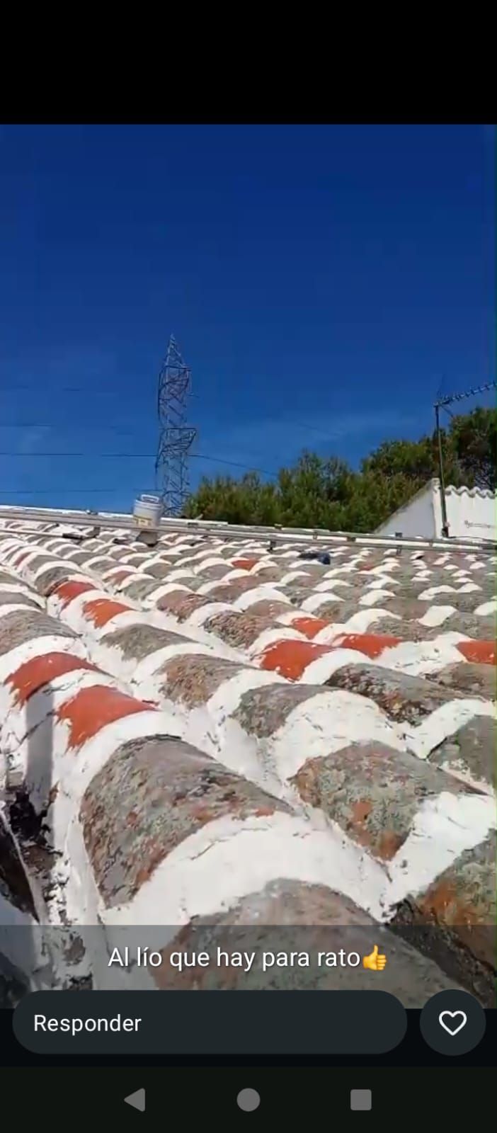 Vista desde un ángulo bajo de un tejado de tejas bajo un cielo azul brillante con una antena a lo lejos.