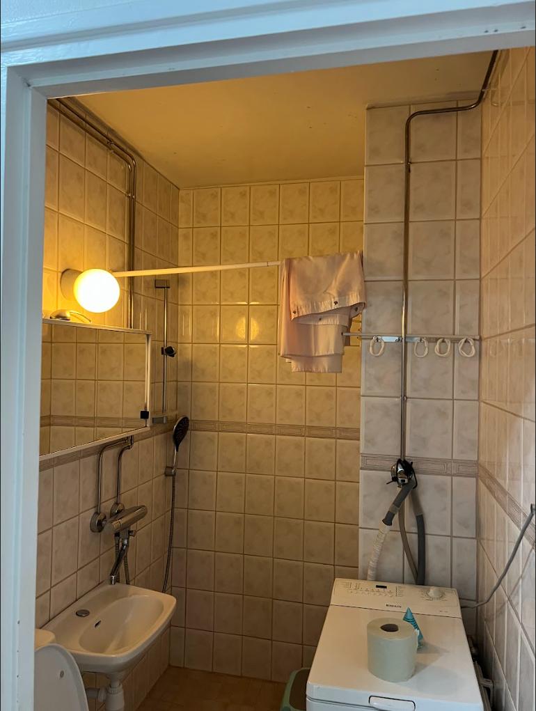 Kylpyhuone, jossa on pesuallas, wc ja pyykinpesukone.