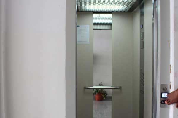 Interior do elevador com portas abertas; vaso de planta em uma prateleira; mão pressionando botão de controle.