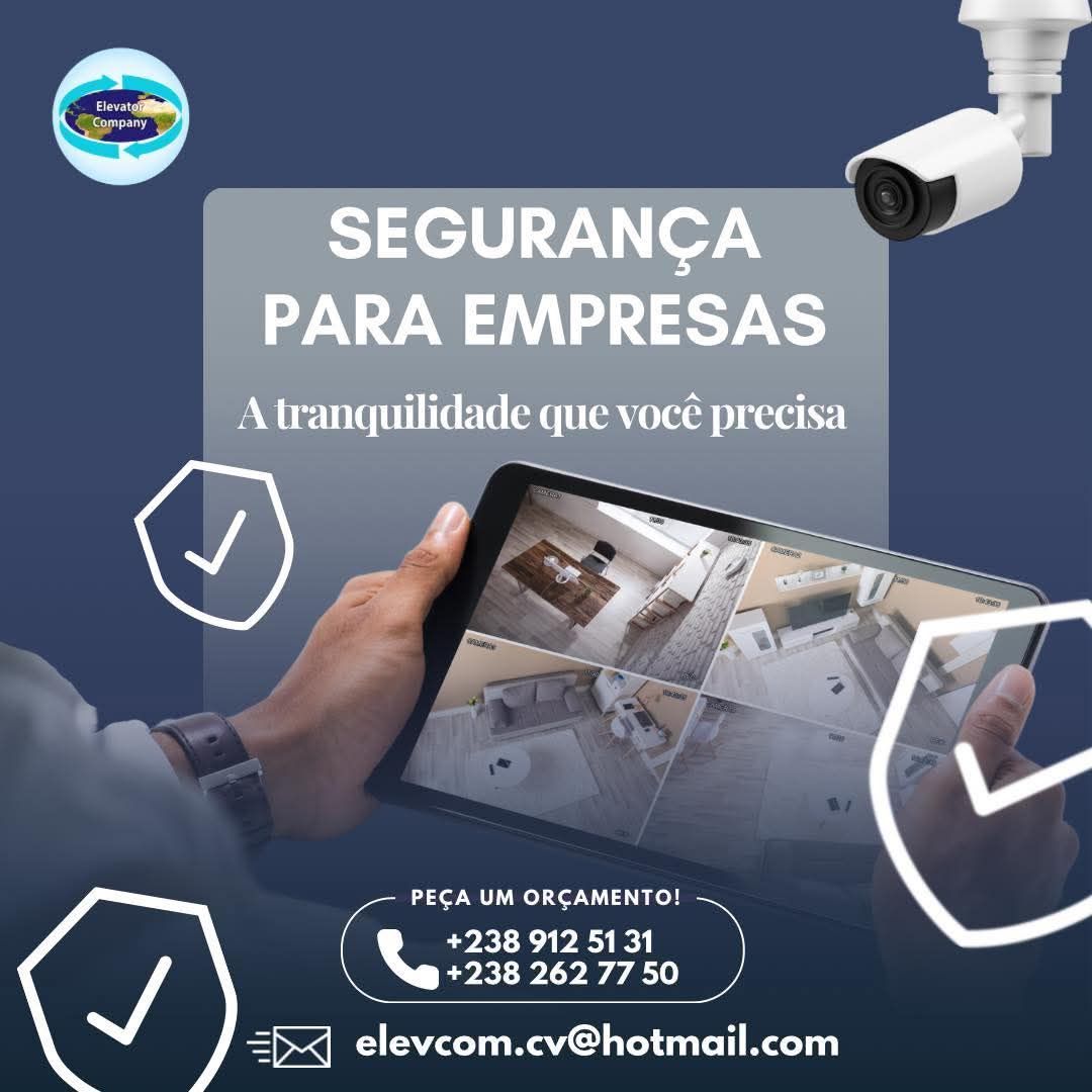 Anúncio de segurança empresarial: Uma pessoa segurando um tablet exibindo imagens de câmeras de segurança.