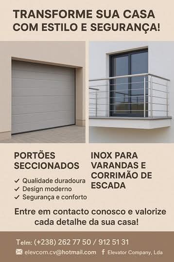 Anúncio de serviços de reforma residencial, com destaque para portas de garagem e grades de aço inoxidável.