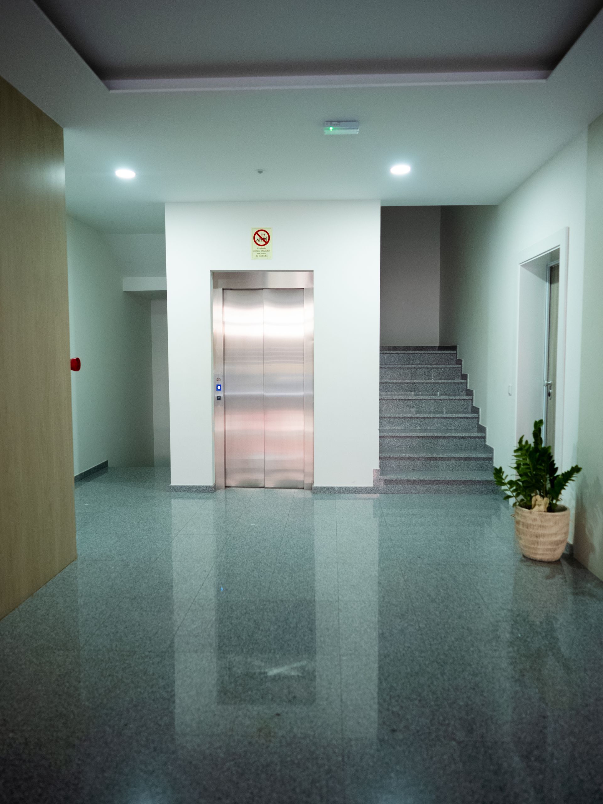 Corredor com elevador, escadas e vaso de planta. Piso cinza com pintas. Paredes e teto brancos.