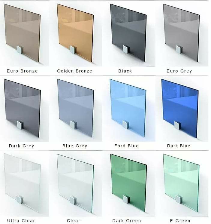 Amostras de vidros coloridos: Euro Bronze, Golden Bronze, Preto, Euro Grey, Cinza Escuro, Cinza Azulado
