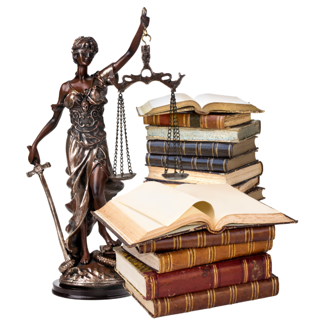 Une statue de la Justice à côté de piles de livres de droit et d'un livre ouvert.