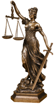 Statue en bronze de la Dame Justice tenant une balance et une épée.