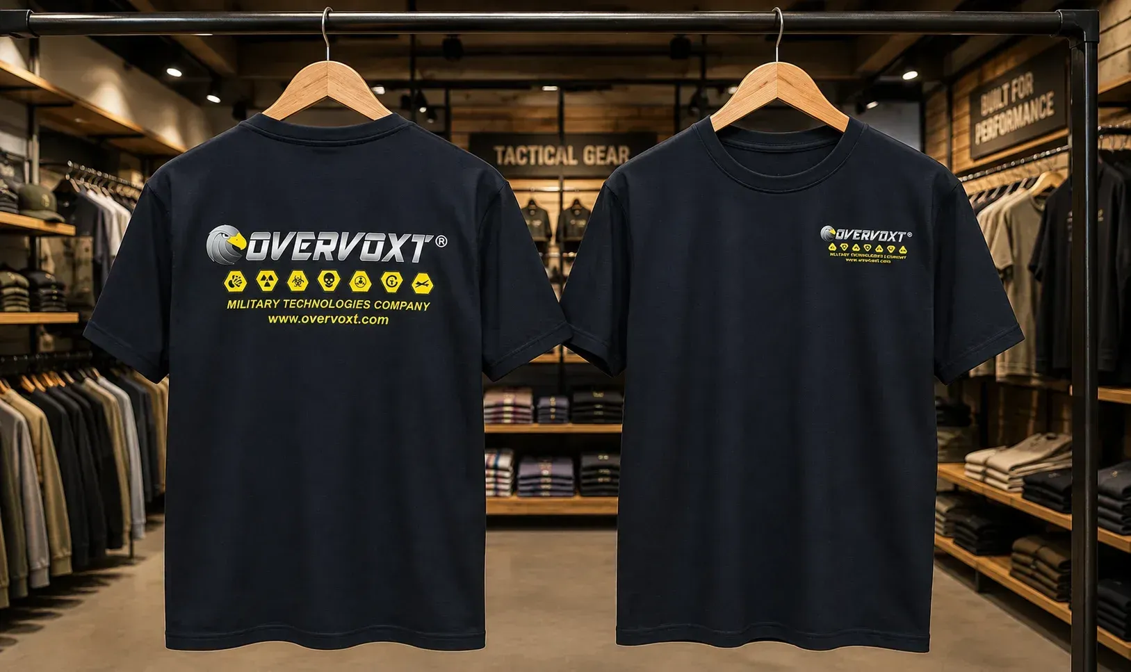 Camisetas negras con logotipo gráfico amarillo neón expuestas en perchas en una tienda de ropa.