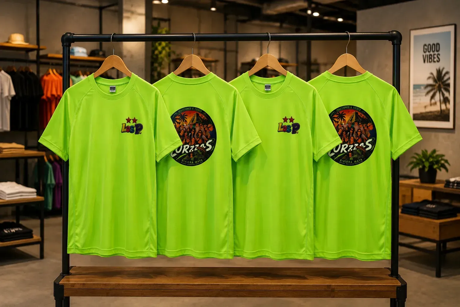 Cuatro camisetas de color verde neón expuestas en perchas en una tienda de ropa.