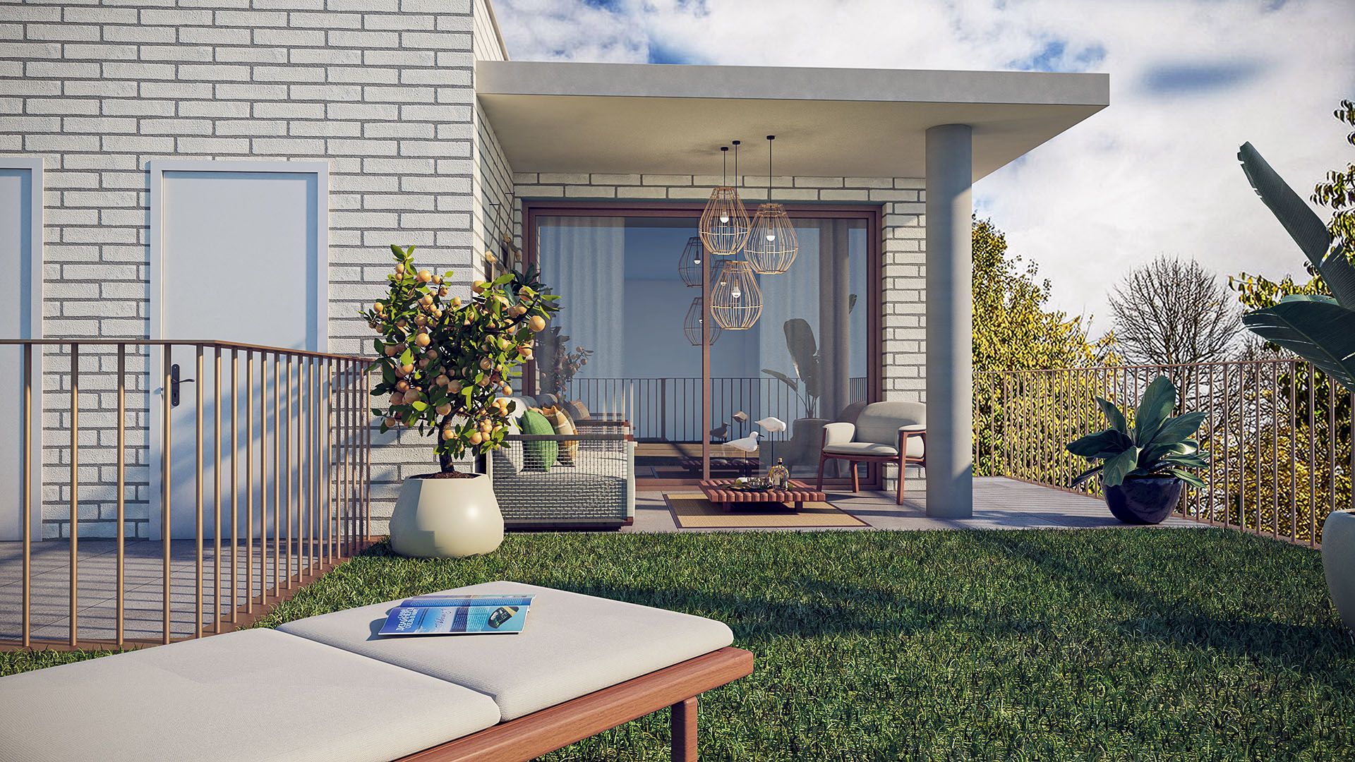 Una casa de ladrillo blanco con un balcón y un césped delante.