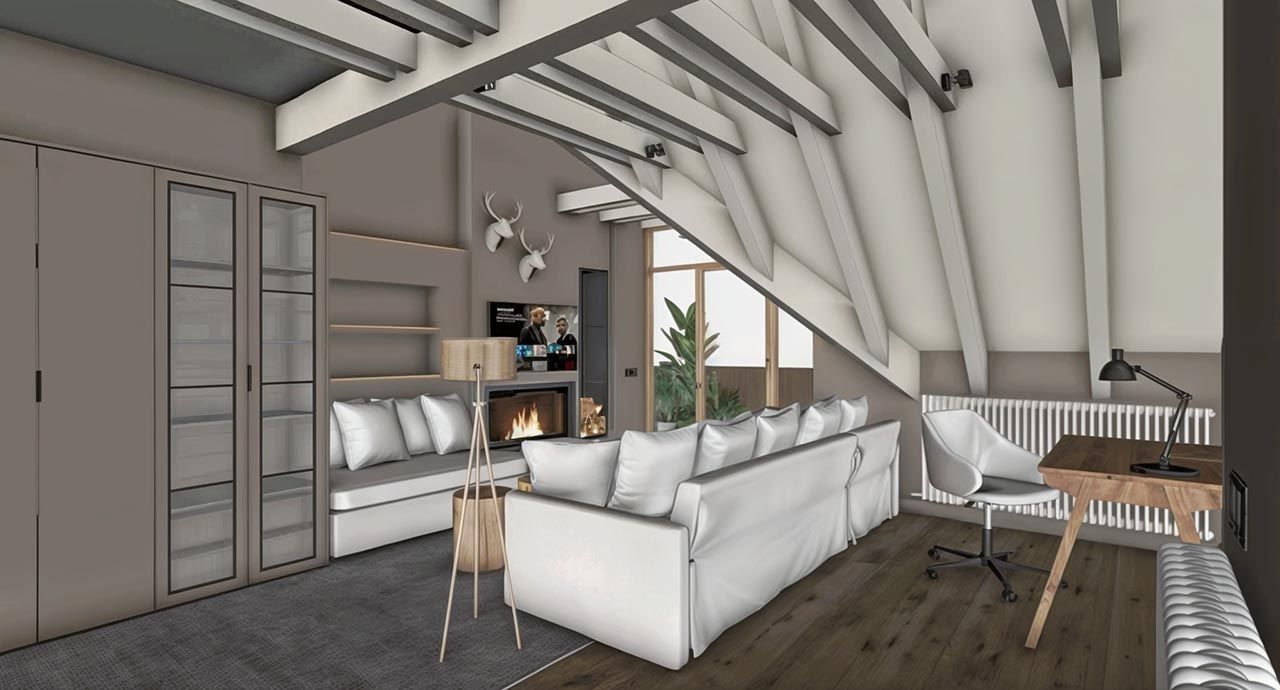 Una sala de estar con un sofá blanco y un escritorio.