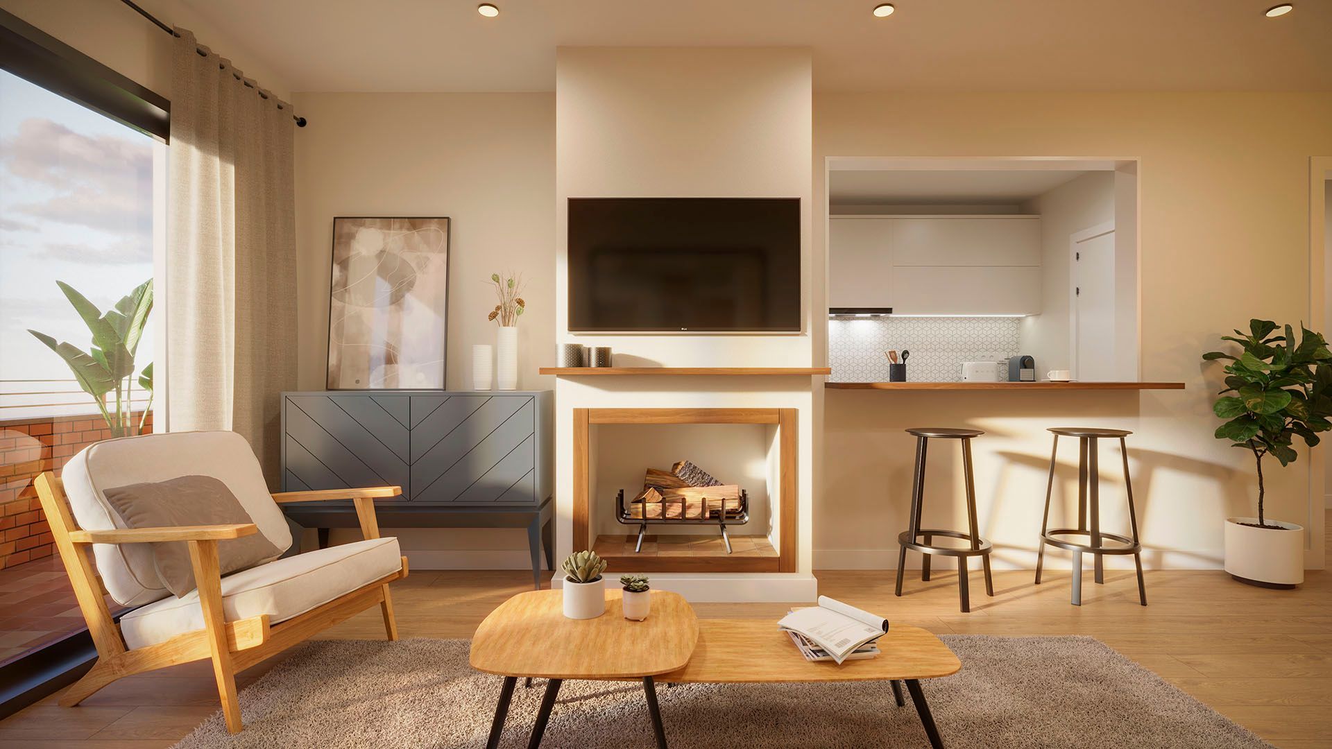 Una sala de estar con chimenea, dos mesas de café, una silla y un televisor.