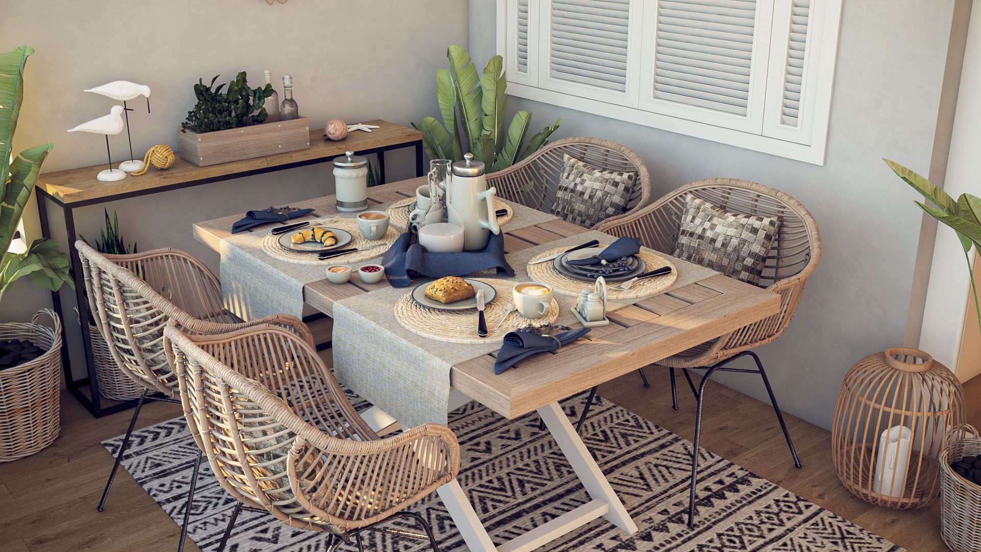 Un comedor con una mesa y sillas y una alfombra.