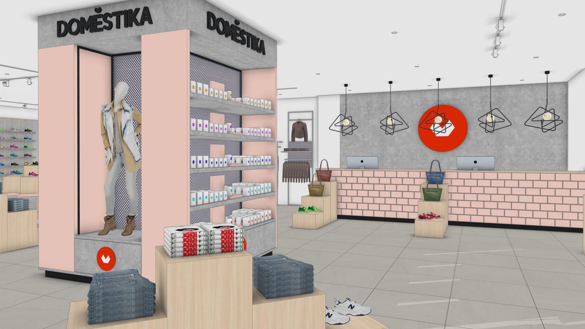 Una representación 3D de una tienda con un letrero que dice domestica