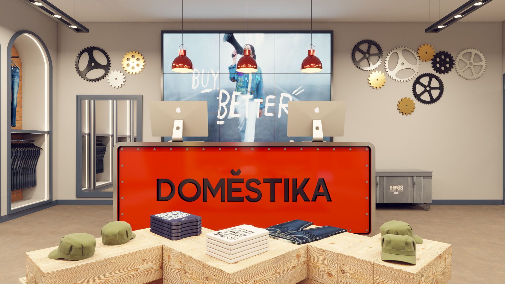 Una habitación con un cartel rojo que dice domestica.