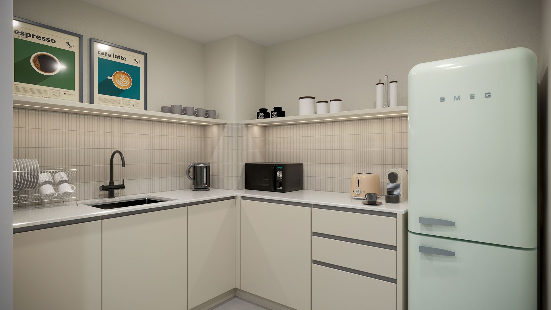 Una cocina con gabinetes blancos, un refrigerador verde, un fregadero y un microondas.