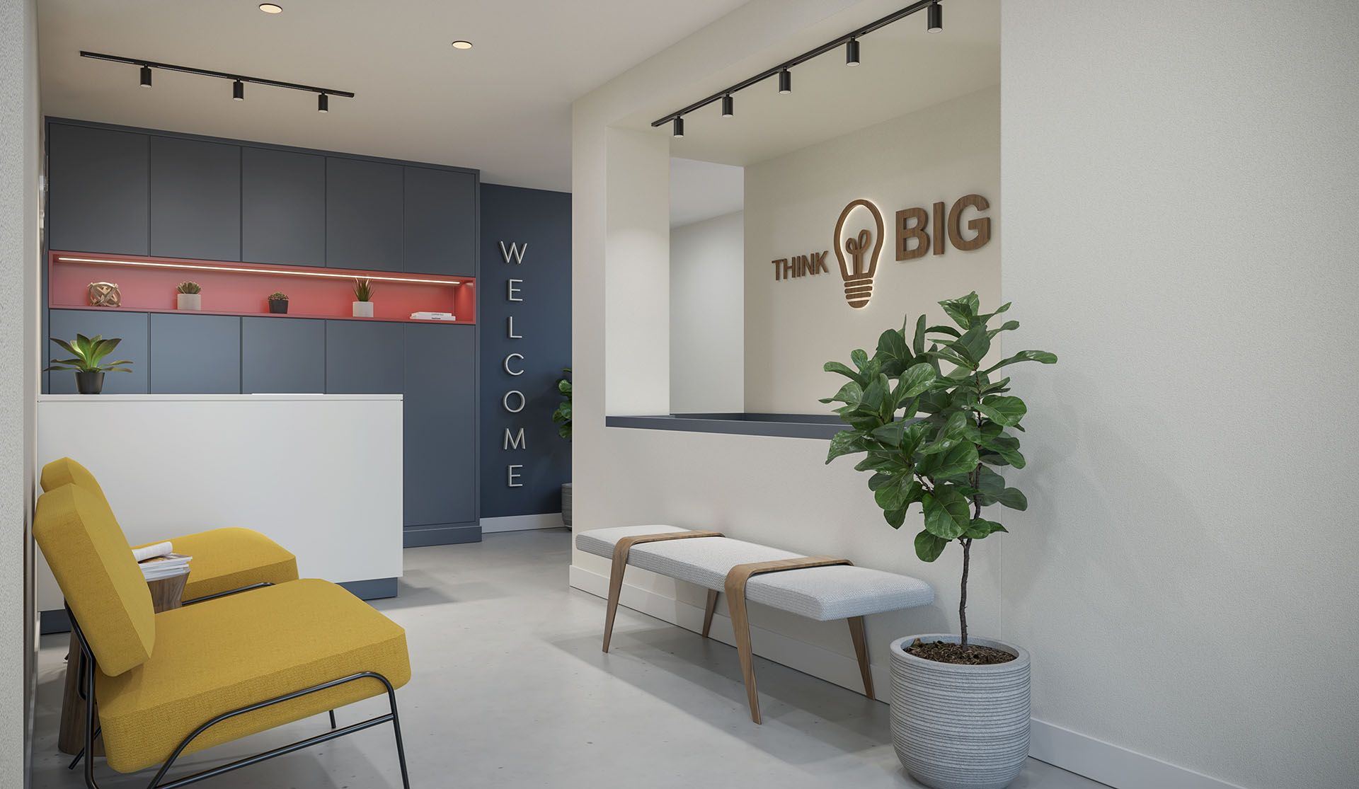 Una sala de espera con una silla amarilla y una planta.