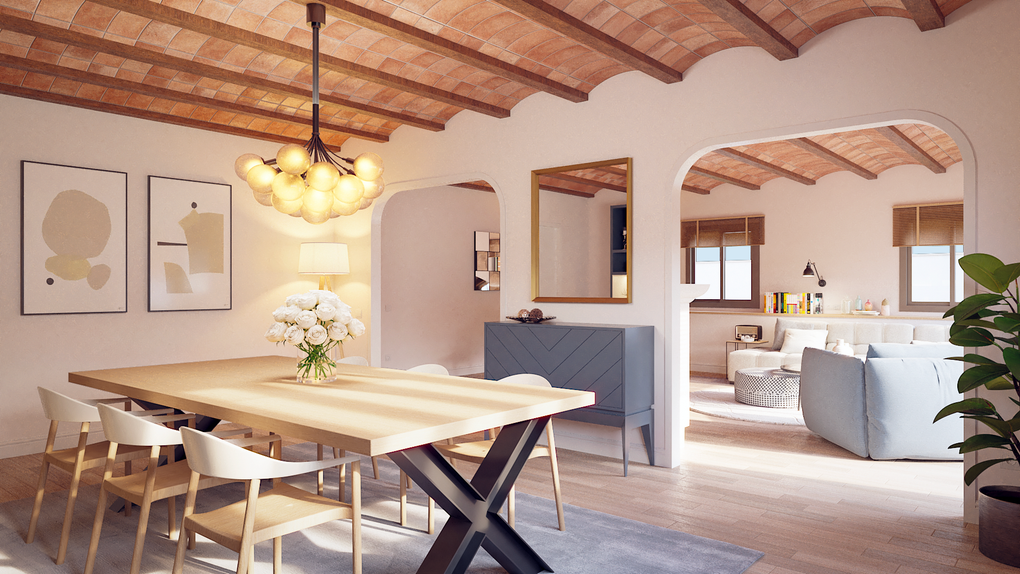 Un comedor con mesa y sillas de madera y techo de ladrillo.